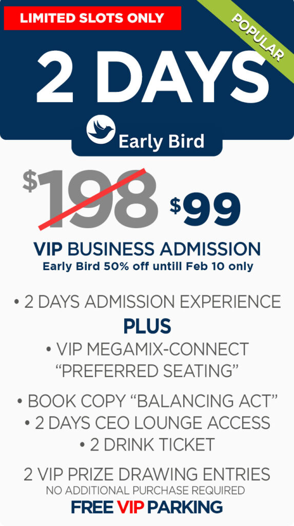 Two Days VIP Business Early Bird admission package: Originally $198, reduced to $99 with 50% off until Feb 10. Limited slots marked as Popular includes: 2-day admission, VIP MegaMix-Connect with preferred seating, 2-day CEO lounge access, 2 drink tickets, free 'Balancing Act' book copy, and 2 VIP prize drawing entries. Features early bird logo with bird icon on navy blue background.